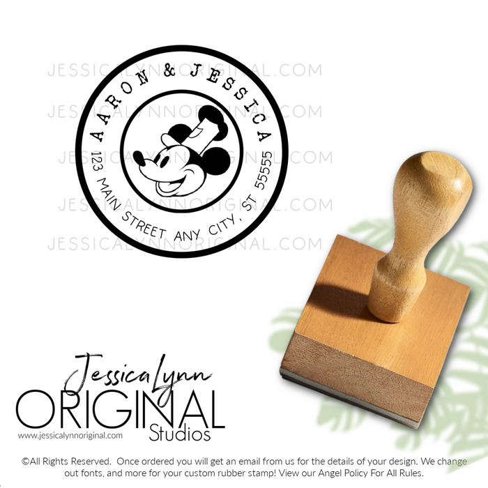 Steamboat Mouse Custom Personalized Postage Style Rubber Stamp Return Address Wood Block with Handle