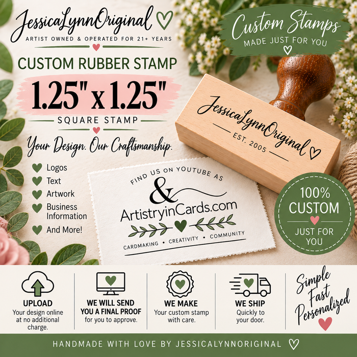 Custom Rubber Stamp 1.25x1.25" – Personalized Logo, Text or Artwork – Red Rubber Wood Block Stamp – Handle Optional – Made in USA