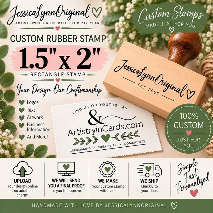 Custom Rubber Stamp 1.5x2" – Personalized Logo, Text or Artwork – Red Rubber Wood Block Stamp – Handle Optional – Made in USA