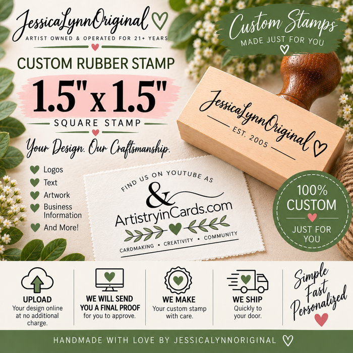 Custom Rubber Stamp 1.5x1.5" – Personalized Logo, Text or Artwork – Red Rubber Wood Block Stamp – Handle Optional – Made in USA