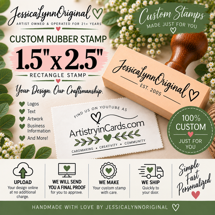 Custom Rubber Stamp 1.5x2.5" – Personalized Logo, Text or Artwork – Red Rubber Wood Block Stamp – Handle Optional – Made in USA