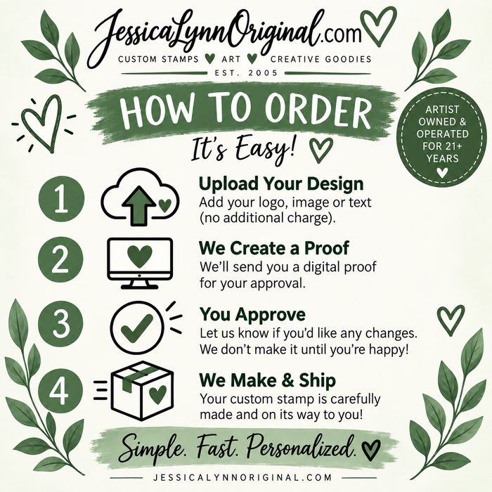 Custom Rubber Stamp 1" x 1" – Personalized Logo, Text or Artwork – Red Rubber Wood Block Stamp – Handle Optional – Made in USA