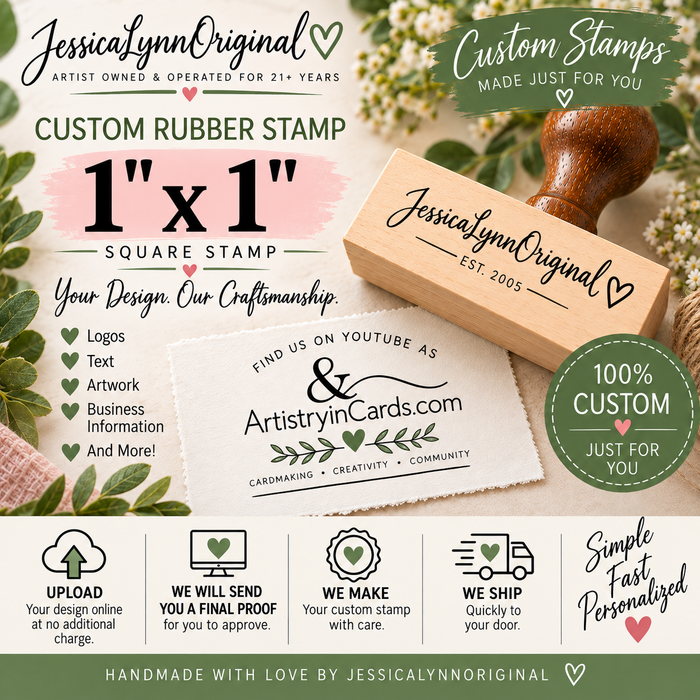 Custom Rubber Stamp 1" x 1" – Personalized Logo, Text or Artwork – Red Rubber Wood Block Stamp – Handle Optional – Made in USA