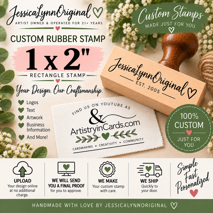 Custom Rubber Stamp 1x2" – Personalized Logo, Text or Artwork – Red Rubber Wood Block Stamp – Handle Optional – Made in USA