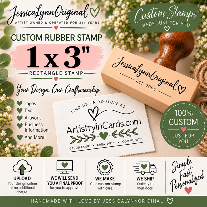 Custom Rubber Stamp 1x3" – Personalized Logo, Text or Artwork – Red Rubber Wood Block Stamp – Handle Optional – Made in USA