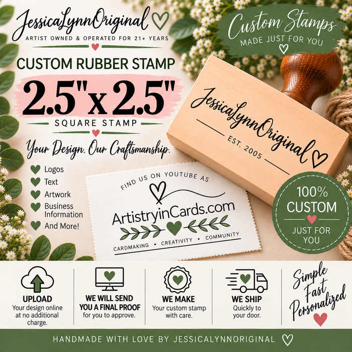 Custom Rubber Stamp 2.5x2.5" – Personalized Logo, Text or Artwork – Red Rubber Wood Block Stamp – Handle Optional – Made in USA