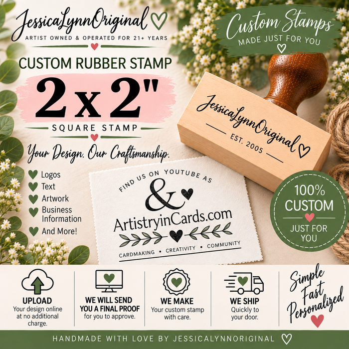 Custom Rubber Stamp 2x2" – Personalized Logo, Text or Artwork – Red Rubber Wood Block Stamp – Handle Optional – Made in USA
