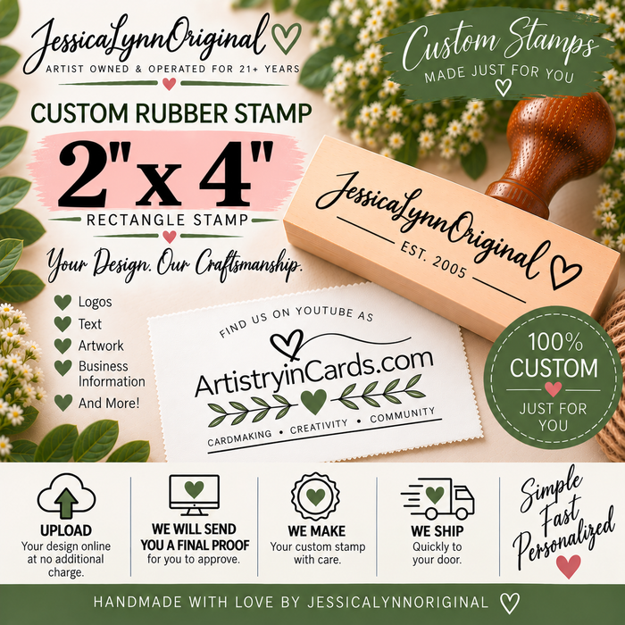 Custom Rubber Stamp 2x4" – Personalized Logo, Text or Artwork – Red Rubber Wood Block Stamp – Handle Optional – Made in USA