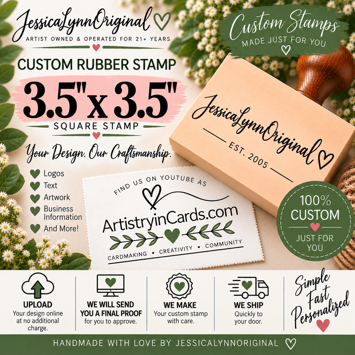 Custom Rubber Stamp 3.5x3.5" – Personalized Logo, Text or Artwork – Red Rubber Wood Block Stamp – Handle Optional – Made in USA