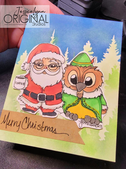 Instant Download - Brentwood Owl and Santa Christmas Coffee JessicaLynnOriginal Digital Stamp