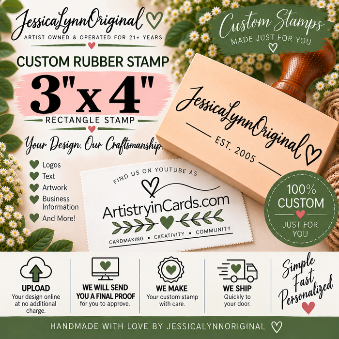 Custom Rubber Stamp 3x4" – Personalized Logo, Text or Artwork – Red Rubber Wood Block Stamp – Handle Optional – Made in USA