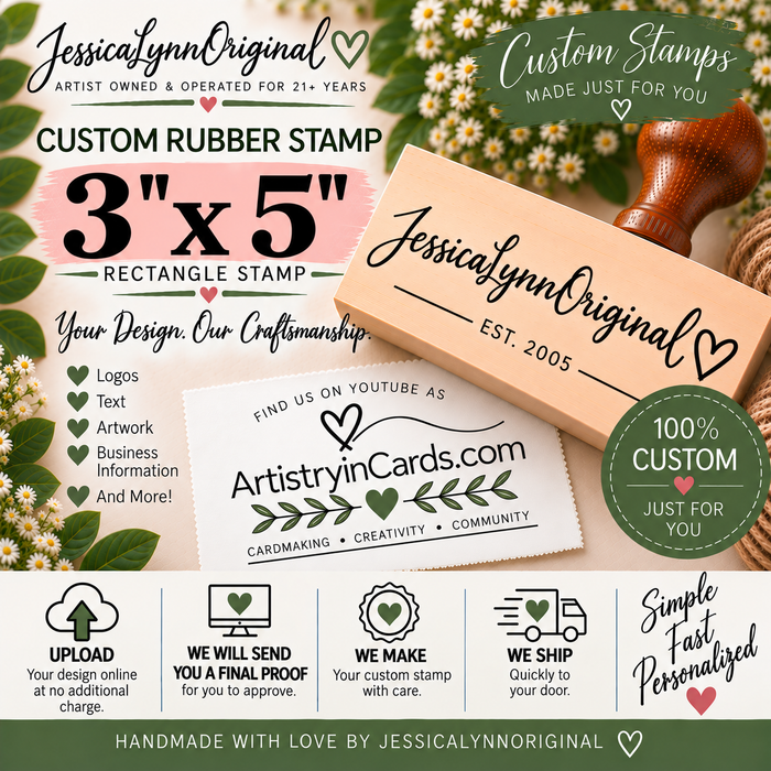 Custom Rubber Stamp 3x5" – Personalized Logo, Text or Artwork – Red Rubber Wood Block Stamp – Handle Optional – Made in USA