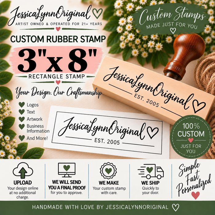 Custom Rubber Stamp 3x8" – Personalized Logo, Text or Artwork – Red Rubber Wood Block Stamp – Handle Optional – Made in USA