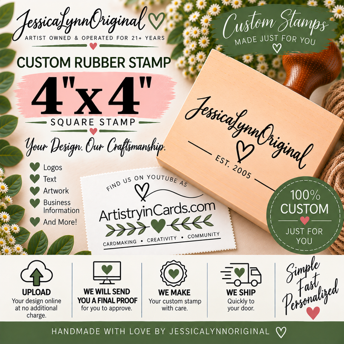 Custom Rubber Stamp 4x4" – Personalized Logo, Text or Artwork – Red Rubber Wood Block Stamp – Handle Optional – Made in USA