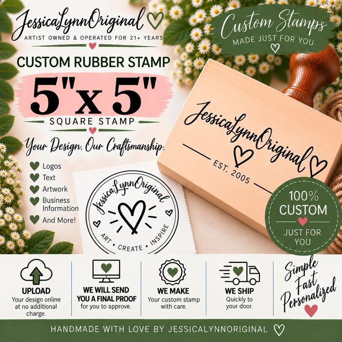 Custom Rubber Stamp 5x5" – Personalized Logo, Text or Artwork – Red Rubber Wood Block Stamp – Handle Optional – Made in USA