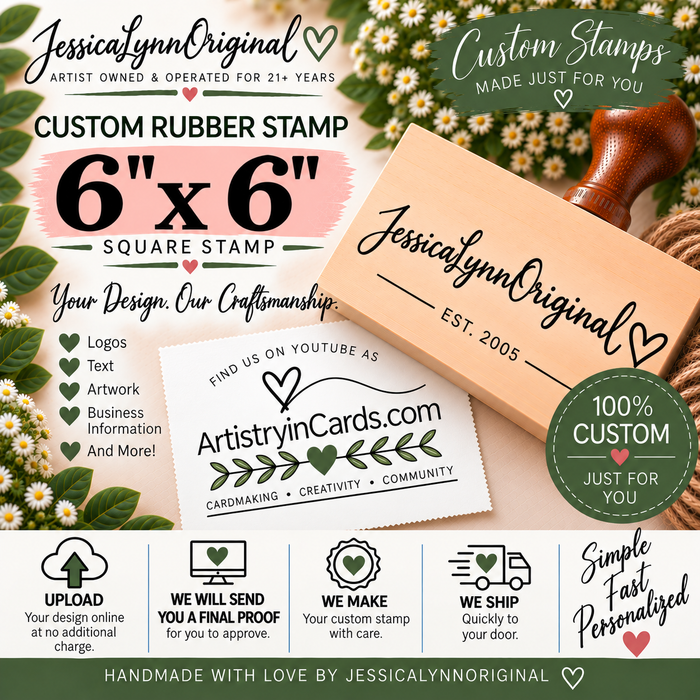 Custom Rubber Stamp 6x6" – Personalized Logo, Text or Artwork – Red Rubber Wood Block Stamp – Handle Optional – Made in USA