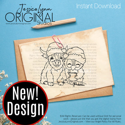 Instant Download - Highland Cow Brentwood Owl Santa Hat Scarf Christmas Coffee JessicaLynnOriginal Digital Stamp