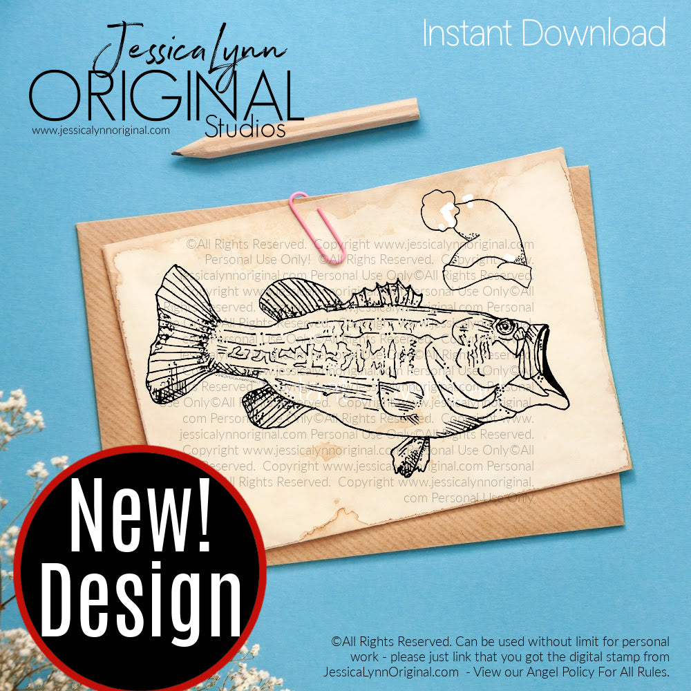 Instant Download - Large Mouth Bass Christmas Santa Hat JessicaLynnOriginal Digital Stamp