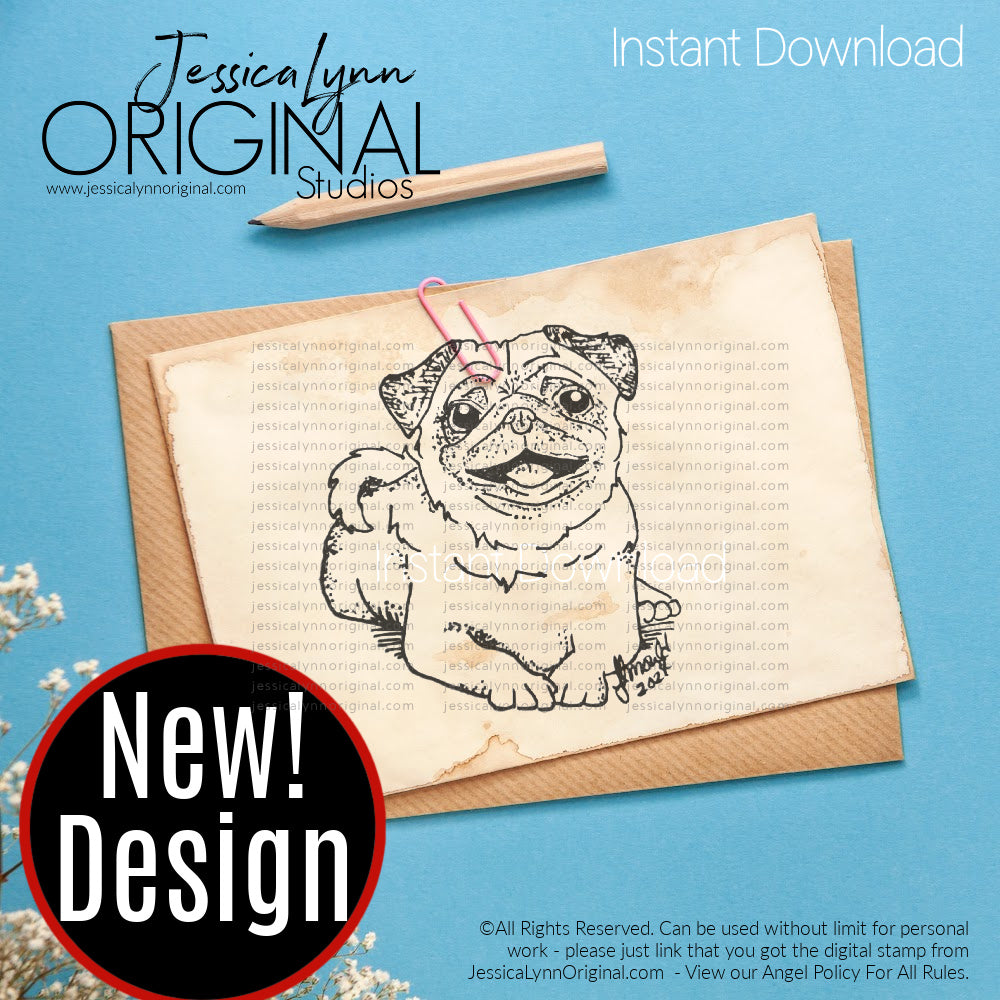 Instant Download -  Pug Sitting and Smiling Dog JessicaLynnOriginal Digital Stamp