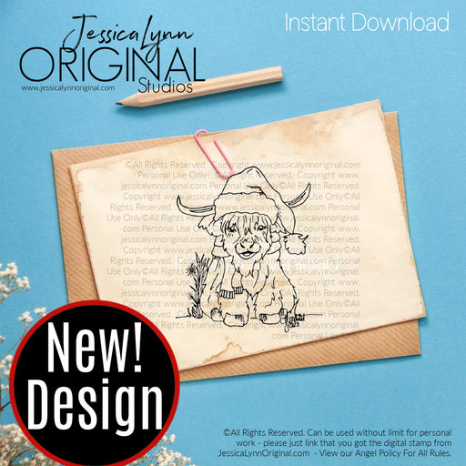 Instant Download - Highland Cow Santa Hat Scarf Christmas Coffee JessicaLynnOriginal Digital Stamp