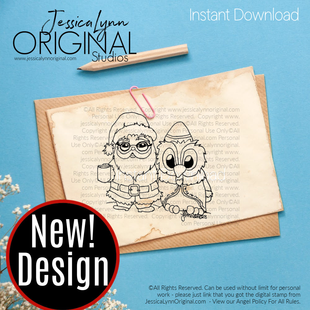 Instant Download - Brentwood Owl and Santa Christmas Coffee JessicaLynnOriginal Digital Stamp