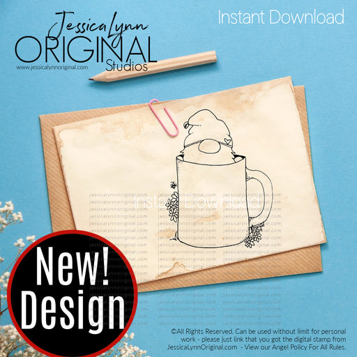 Instant Download -  Coffee Loving Spring Daisy Flower Gnome JessicaLynnOriginal Digital Stamp