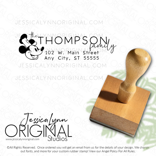 Steamboat Mouse Custom Rubber Stamp Return Address Wood Block with Handle