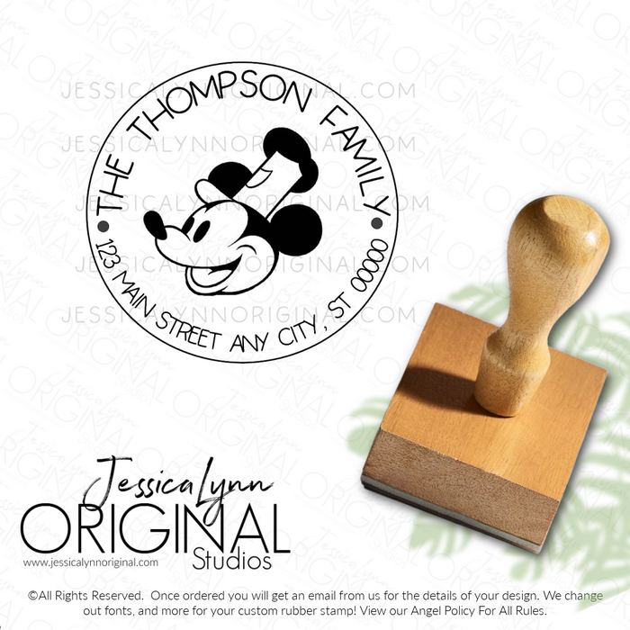 Steamboat Mouse Custom Rubber Stamp Return Address Wood Block with Handle