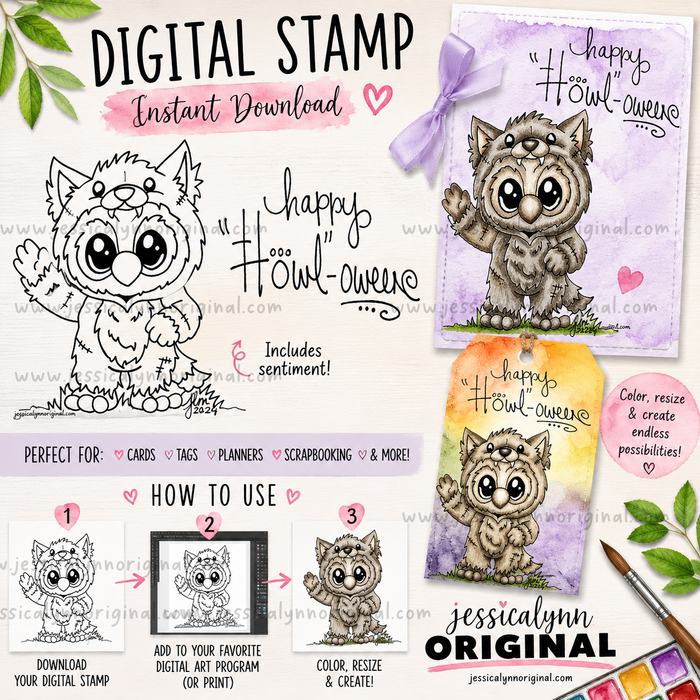 Instant Download - Happy Halloween Wolf Brentwood Owl JessicaLynnOriginal Digital Stamp