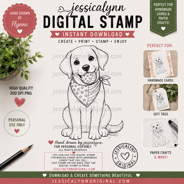 Patriotic Labrador Puppy Digital Stamp | 4th of July Lab with American Bandana | Printable Dog Craft Download