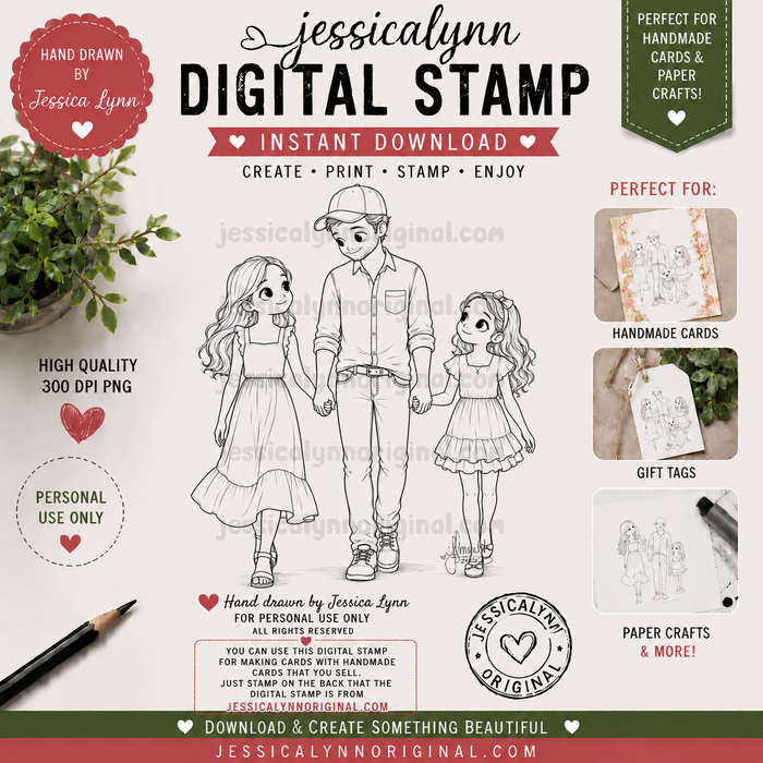 Dad & Daughters Digital Stamp | Father’s Day Download | Hand Drawn Family Digi Stamp for Handmade Cards | Instant Download