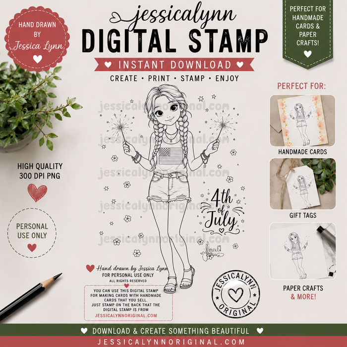 Patriotic Girl Digital Stamp | 4th of July Sparkler Hand Drawn Americana Digi Stamp for Card Making | Instant Download