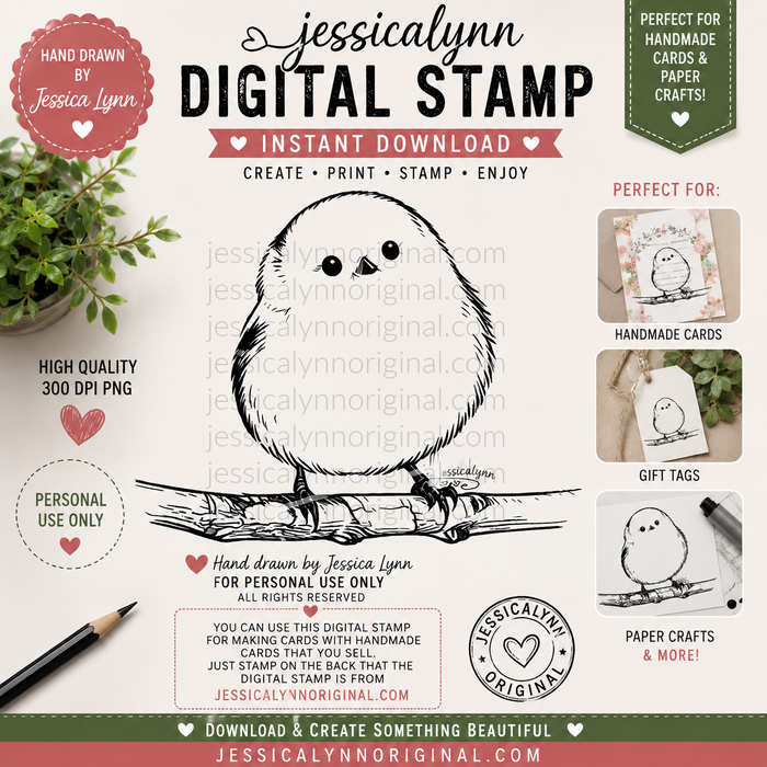 Fluffy Bird Digital Stamp | Cute Bird Digi Stamp Download | Printable Card Making Stamp | Hand Drawn Digital Art