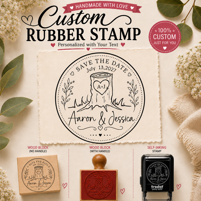 Custom Save the Date Wedding Rubber Stamp | Personalized Tree Carving Stamp | Rustic Wedding Stamp | Custom Wedding Invitation Stamp | Self Inking or Wood Mount