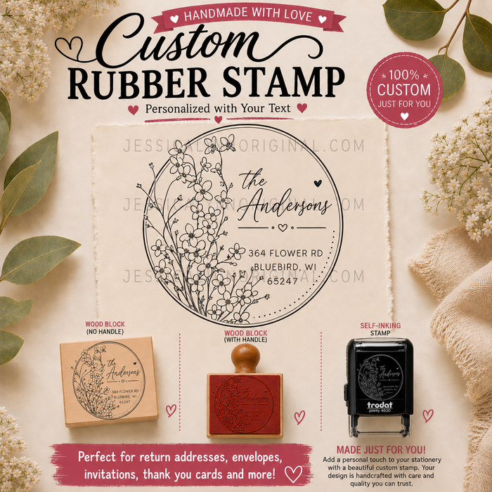 Personalized Wildflower Return Address Rubber Stamp | Custom Floral Address Stamp | Modern Circle Family Stamp | Self Inking or Wood Mount