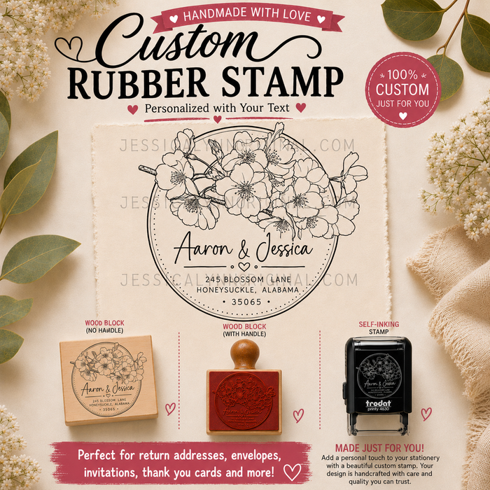 Personalized Cherry Blossom Return Address Rubber Stamp | Custom Floral Address Stamp | Modern Circle Family Stamp | Wedding, Housewarming & Gift