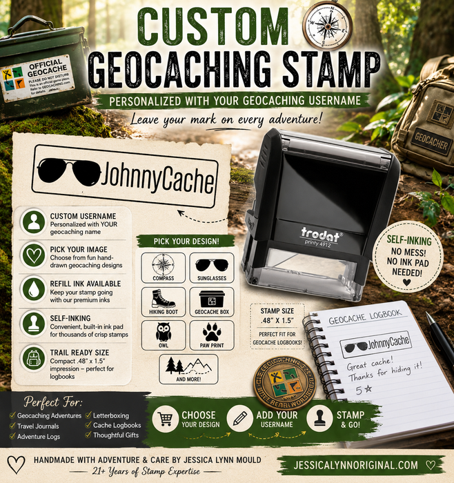 Custom Self-Inking Geocaching Stamp – Personalized with Your Name & Hand-Drawn Art