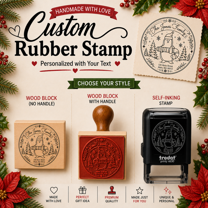 Custom Christmas Stamp, Penguin Merry Christmas Stamp, Personalized Holiday Stamp, Candy Cane Penguin, Custom Family Address Stamp