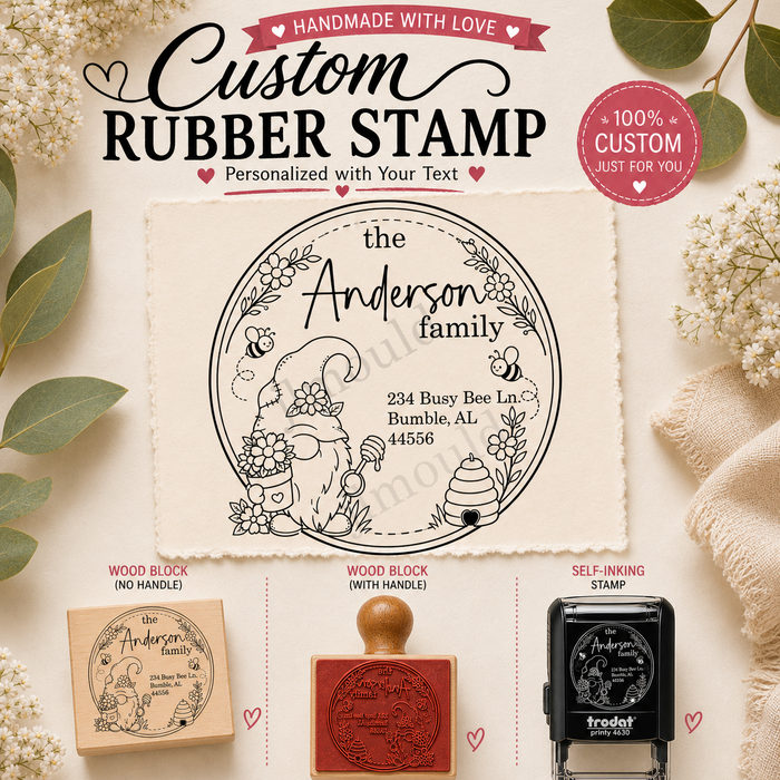 Spring Gnome Bee Address Stamp – Personalized Round Return Address Rubber Stamp – Cute Floral Gnome Custom Name & Address Stamp