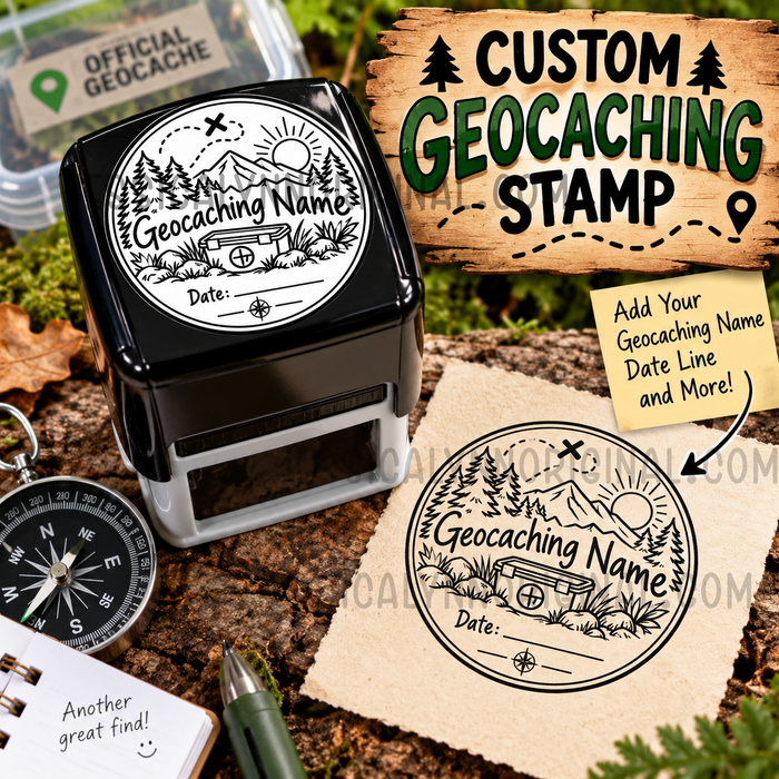 Custom Geocaching Stamp with Date Line | Personalized Geocacher Name | Mountain & Forest Design | Self-Inking Rubber Stamp