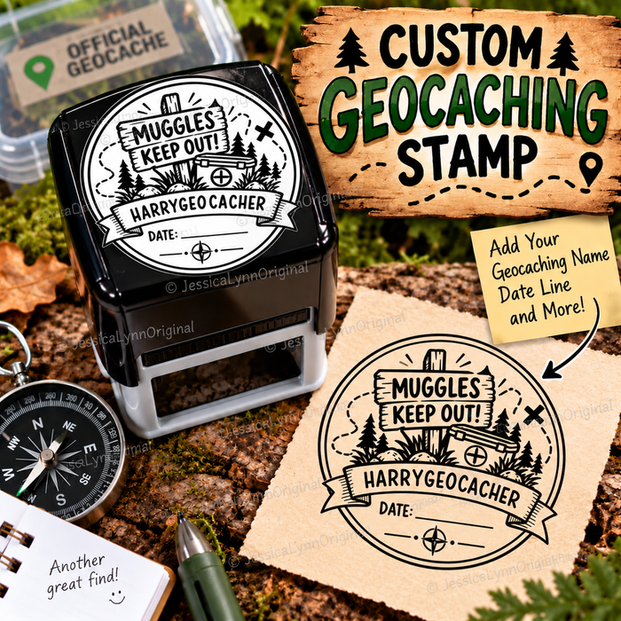 Muggles Keep Out Custom Geocaching Stamp | Personalized Geocacher Name & Date | Self-Inking Rubber Stamp