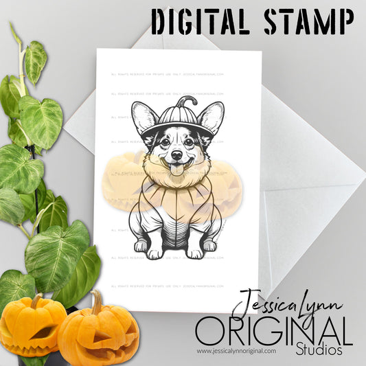 Instant Download -  Corgi Happy Halloween Dressed like a Pumpkin JessicaLynnOriginal Digital Stamp