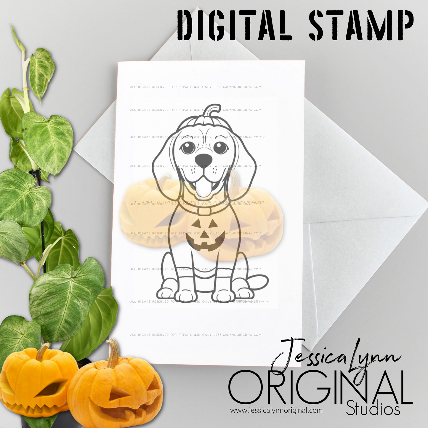 Instant Download -  Beagle Happy Halloween Pumpkins Dog JessicaLynnOriginal Digital Stamp