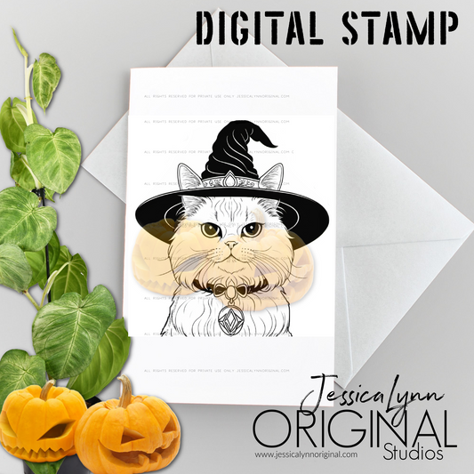 Instant Download -  Cat with Witch Hat Happy Halloween Pumpkins JessicaLynnOriginal Digital Stamp