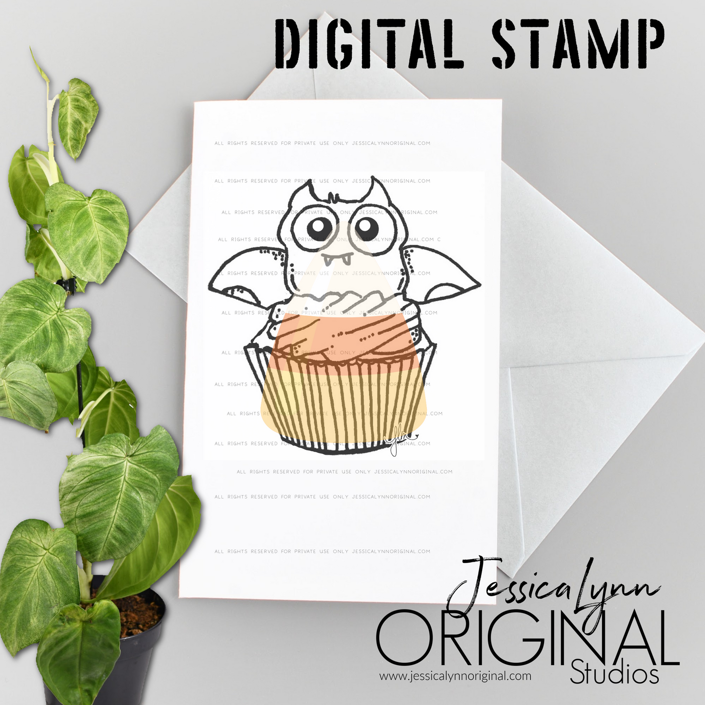 Instant Download - Happy Halloween Bat Cupcake Digital JessicaLynnOriginal Digital Stamp