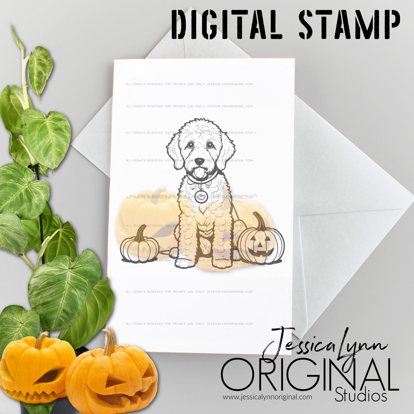 Instant Download -  Golden Doodle Happy Halloween Pumpkins GoldenDoodle Dog JessicaLynnOriginal Digital Stamp