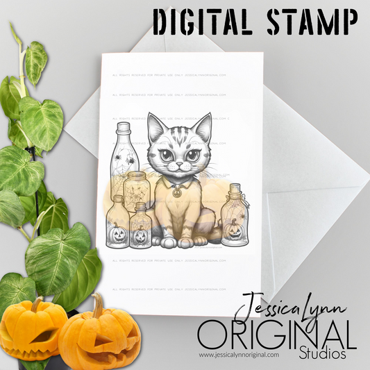 Instant Download -  Cat with Happy Halloween Bottles and Spiders JessicaLynnOriginal Digital Stamp