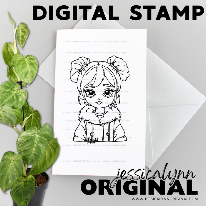 Stylish Winter Christmas Girl Furry Coat & Messy Bun Digital Stamp