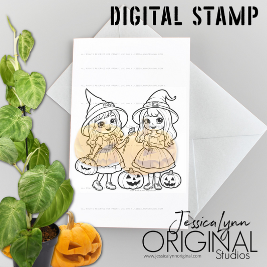 Instant Download - Two little Girls Witches Costume Happy Halloween Pumpkins JessicaLynnOriginal Digital Stamp