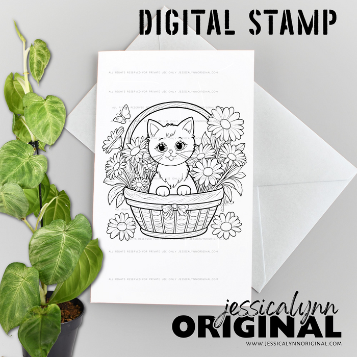 Instant Download -  Spring Kitten Cat in Easter Basket JessicaLynnOriginal Digital Stamp